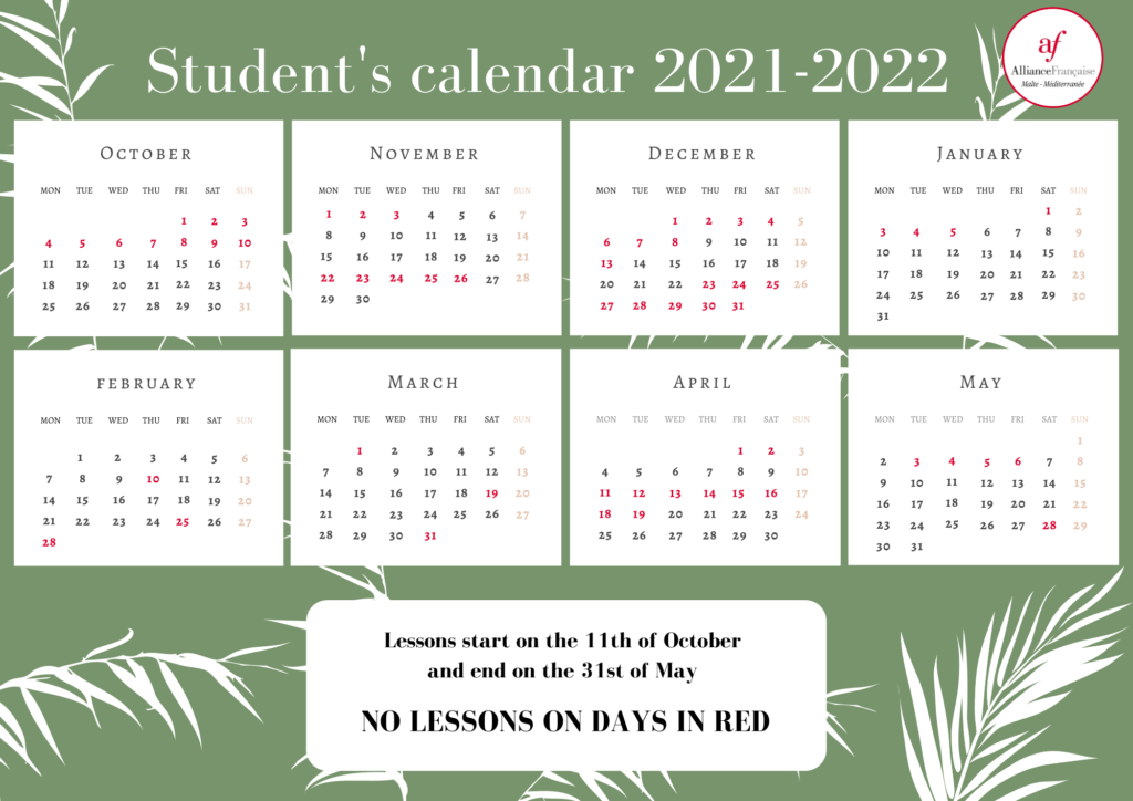 Student Calendar 2021-2022